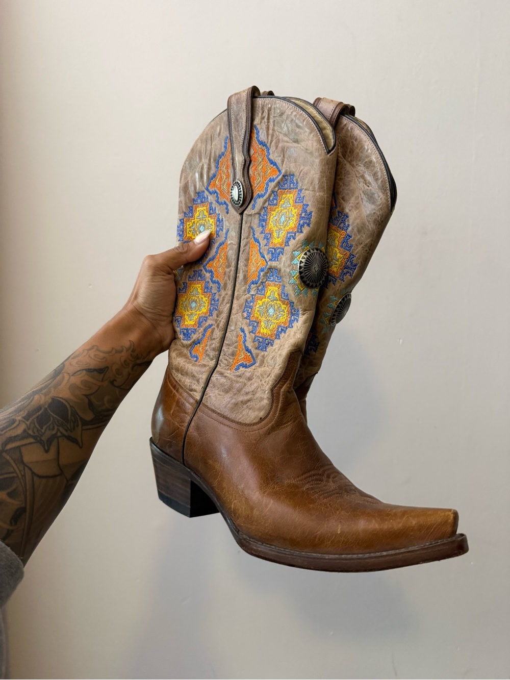 Corral Brown Leather Cowboy Boots with Blue & Yellow Embroidery and Silver - Picture 8 of 9